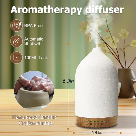 Essential Oil Diffuser Humidifiers, Aromatherapy Diffusers, Ceramic Essential Oil Diffuser, 7 Color LED Lights Auto Shut-Off, 4 Timer Mode for Office and Room 100ML White