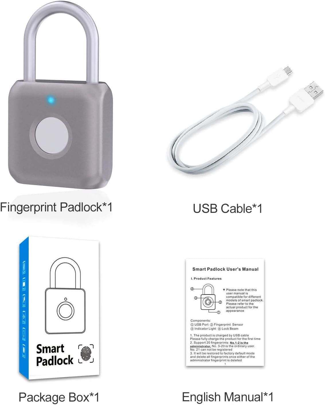 Fingerprint Padlock , Locker Lock, Smart Padlock, Weatherproof Outdoor Padlock, Smart Touch Lock Suitable for Gym, Bike, School, Fence and Storage, Padlock Portable USB Rechargeable (Gray)