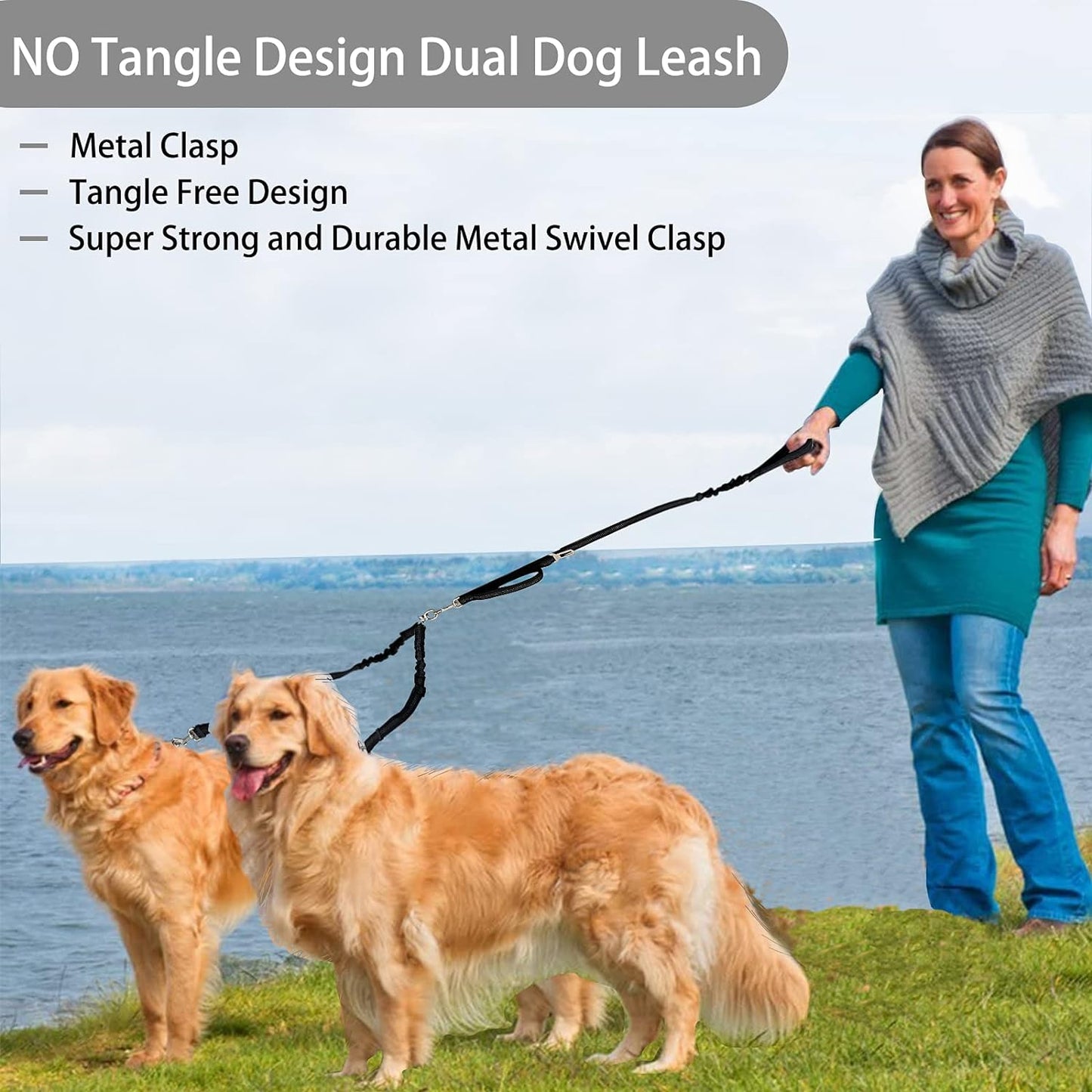 Double Dog Leash - Dual 360 No Tangle Two Dogs Leash for Small to Large Dogs - Adjustable, Tangle Free (Black)