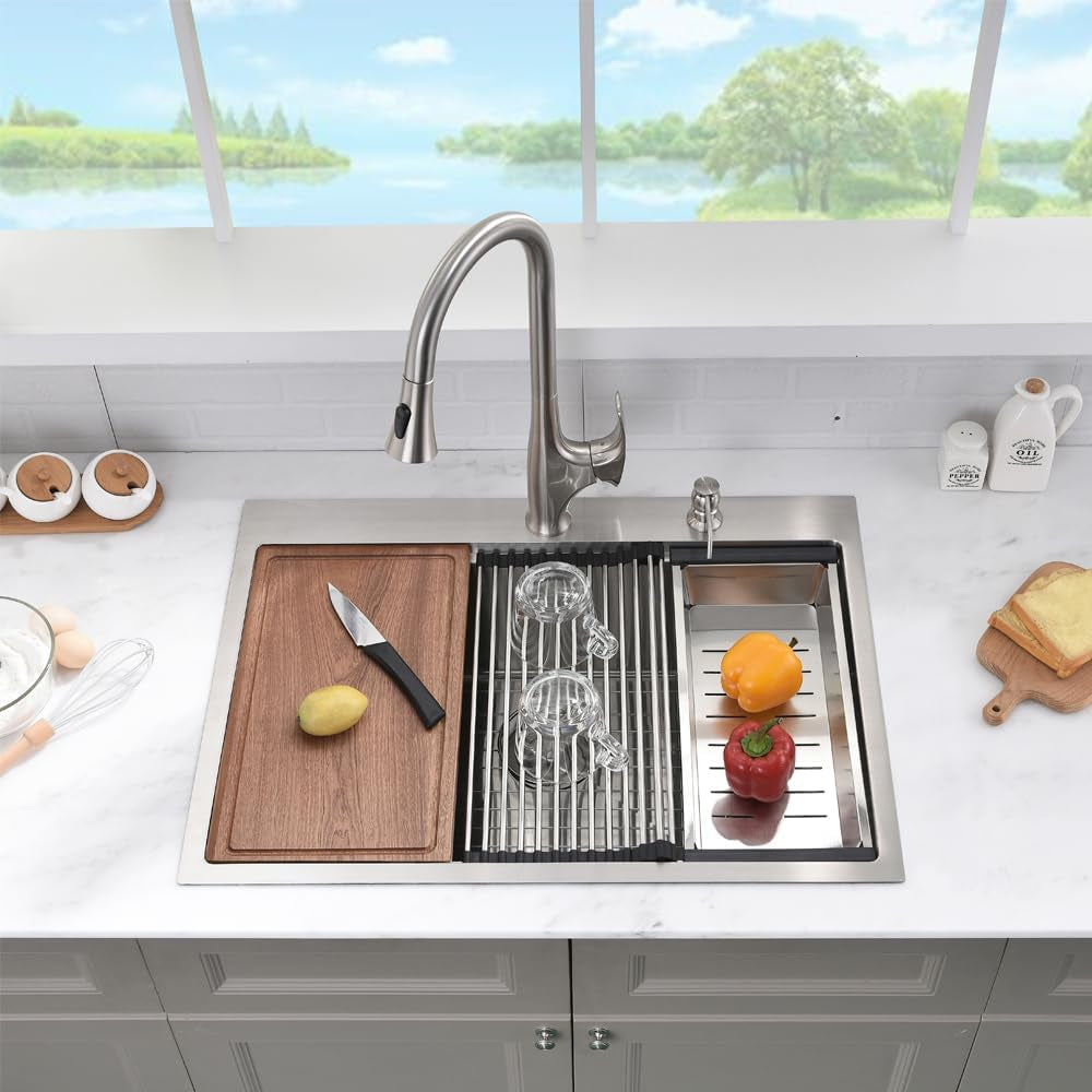 33 Inch Drop in Kitchen Sink Workstation -  33X22 Inch Topmount Single Bowl Workstation 16 Gauge Stainless Steel Drop-In Sinks,Round Corner Basin for Kitchen with Accessories