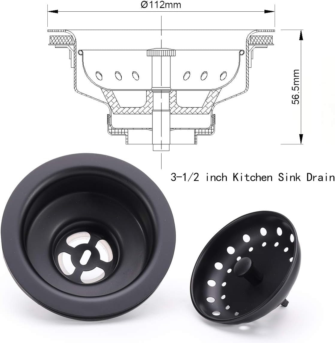 3-1/2 Inch Kitchen Sink Stainless Steel Basket Strainer Water Stopper with Drain Assembly, Black Finish Rustproof and Durable