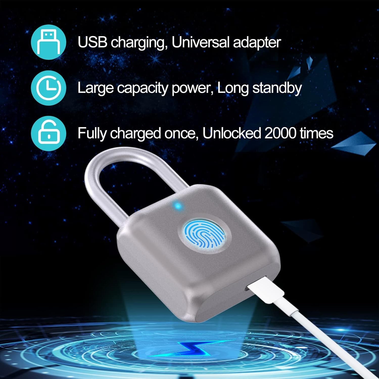 Fingerprint Padlock , Locker Lock, Smart Padlock, Weatherproof Outdoor Padlock, Smart Touch Lock Suitable for Gym, Bike, School, Fence and Storage, Padlock Portable USB Rechargeable (Gray)