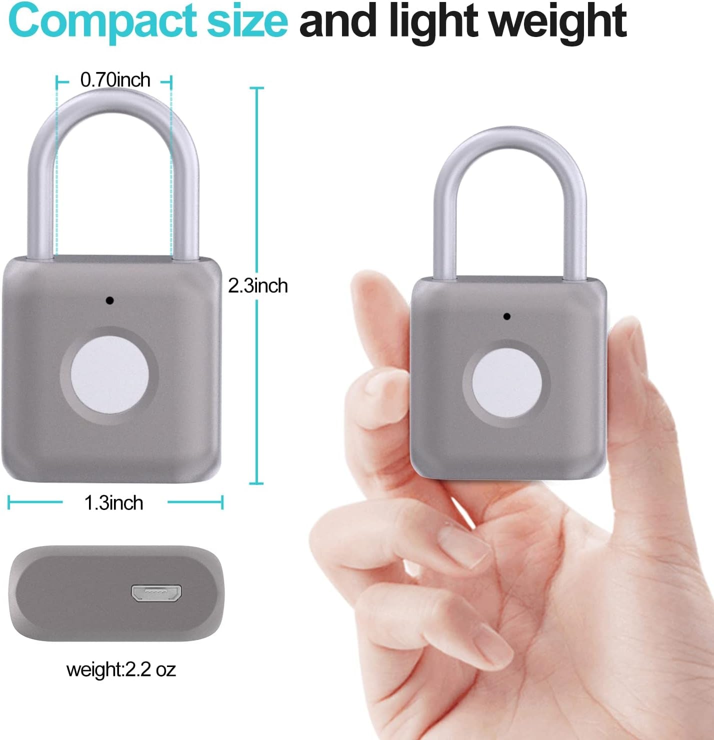 Fingerprint Padlock , Locker Lock, Smart Padlock, Weatherproof Outdoor Padlock, Smart Touch Lock Suitable for Gym, Bike, School, Fence and Storage, Padlock Portable USB Rechargeable (Gray)