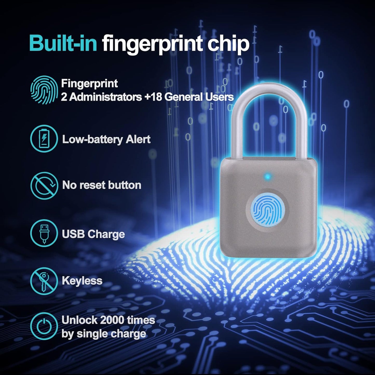 Fingerprint Padlock , Locker Lock, Smart Padlock, Weatherproof Outdoor Padlock, Smart Touch Lock Suitable for Gym, Bike, School, Fence and Storage, Padlock Portable USB Rechargeable (Gray)